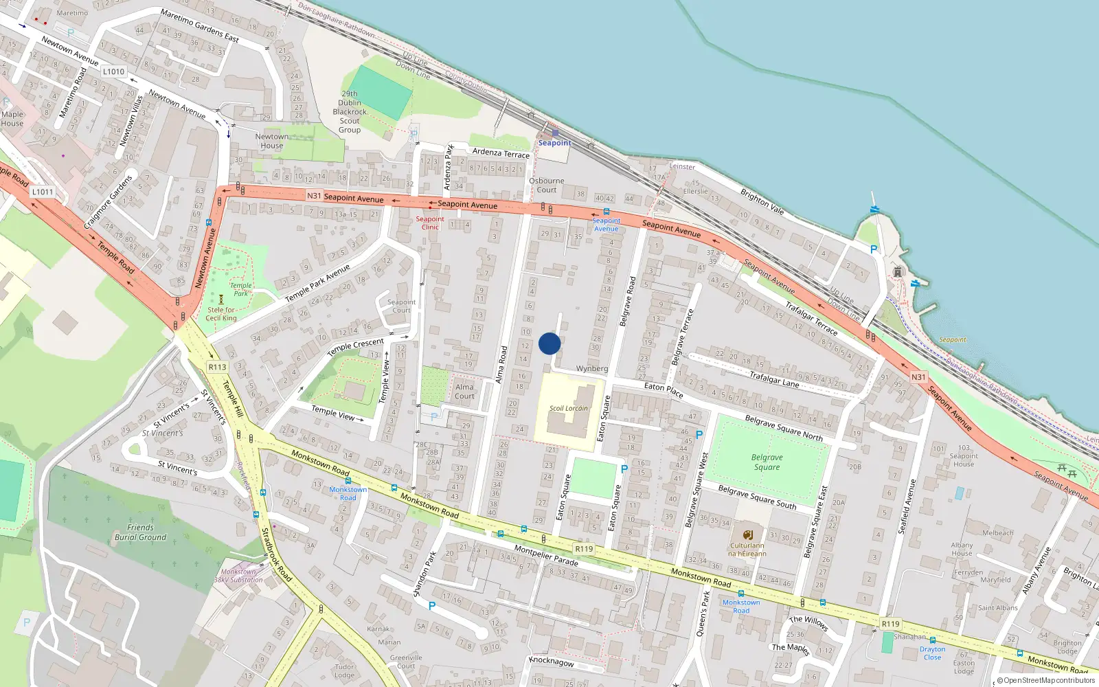 Overhead map showing the location of 12A Alma Road, Monkstown