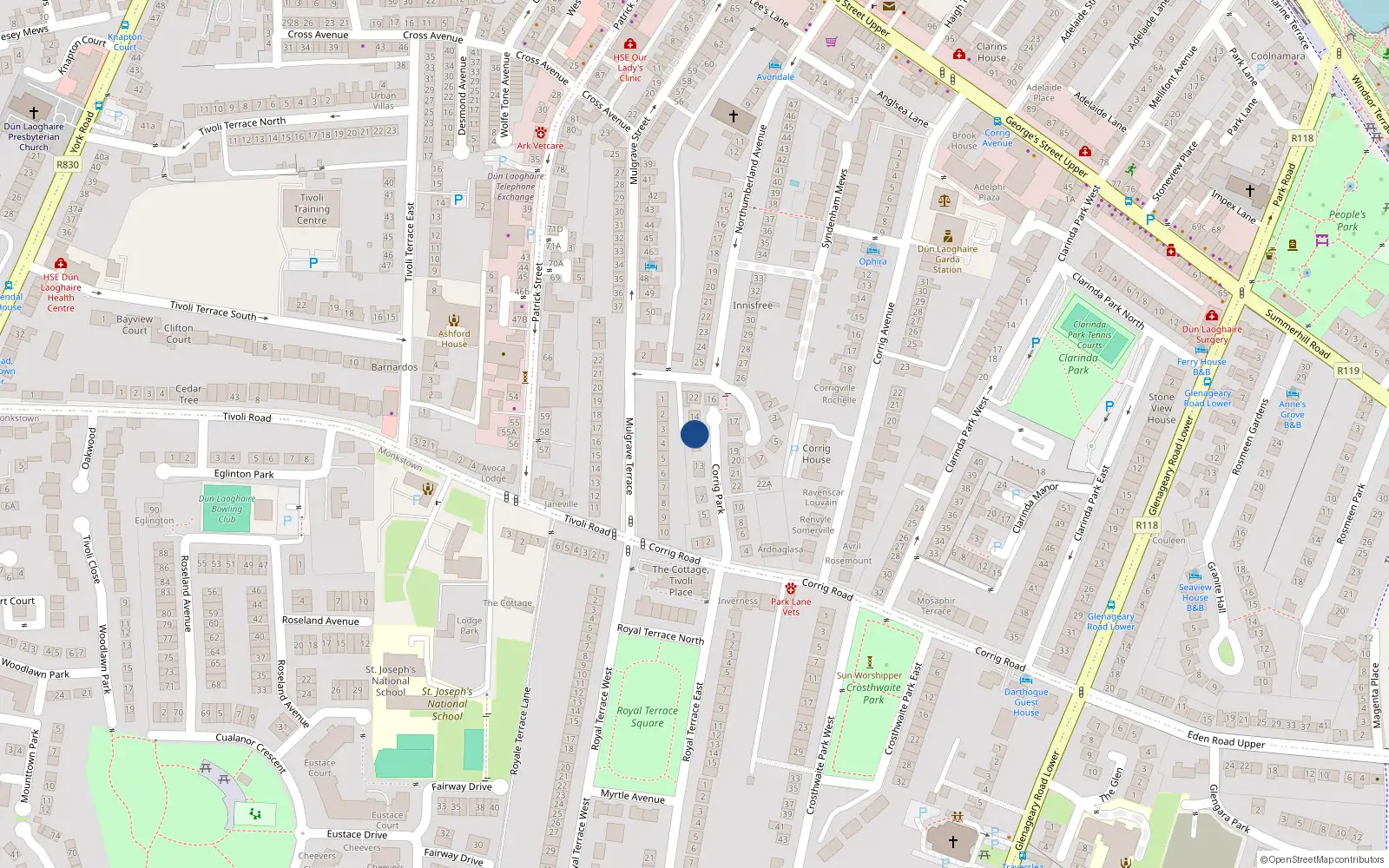 Overhead map showing the location of 12a Corrig Park, Dún Laoghaire