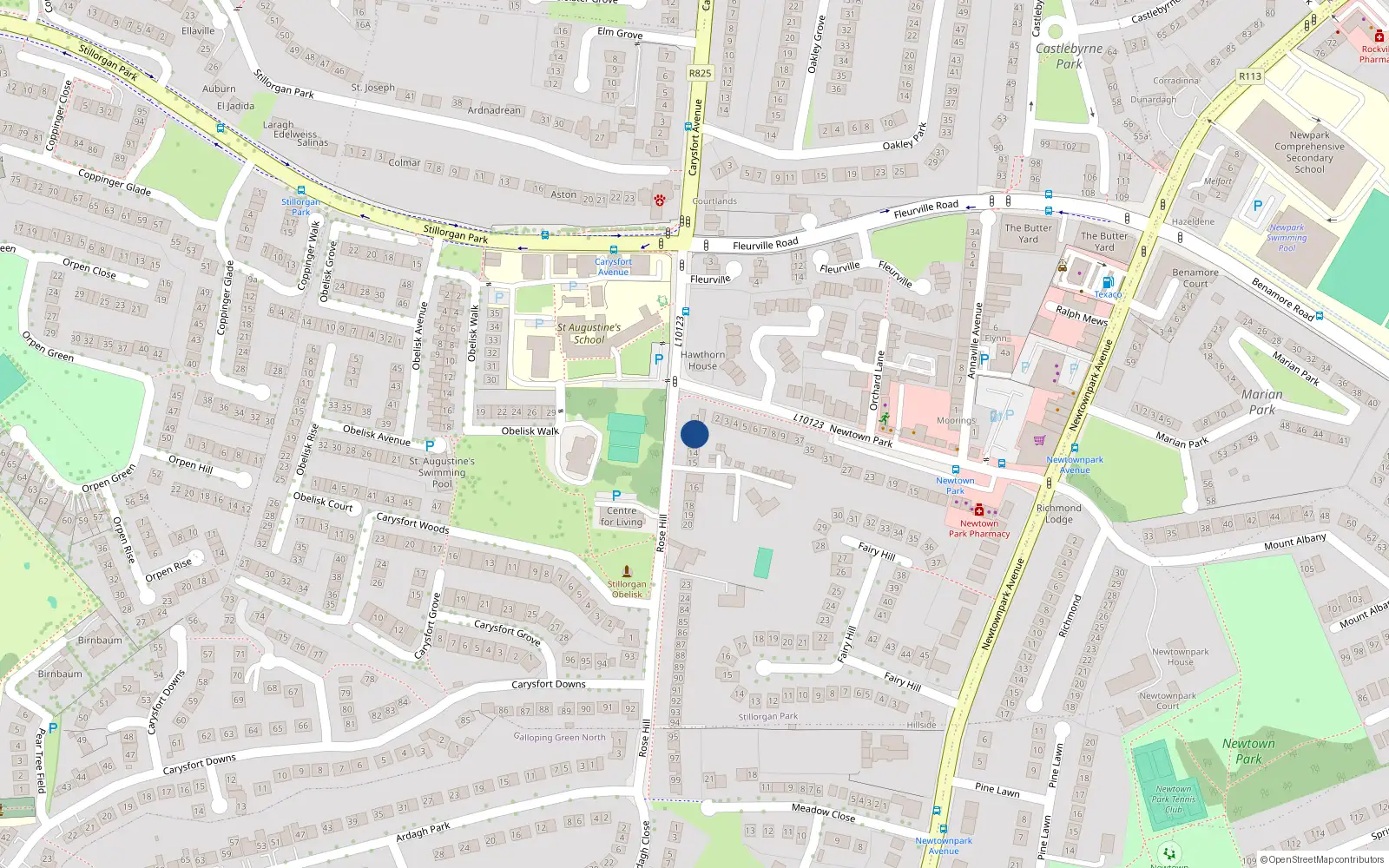 Overhead map showing the location of 12 Rosehill, Blackrock