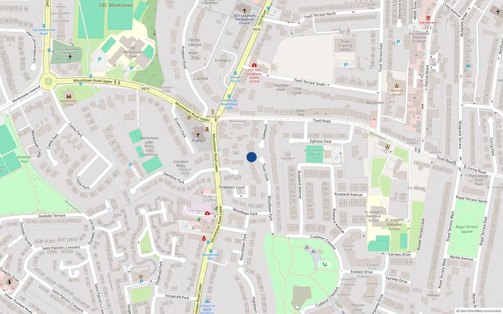 Overhead map showing the location of 12 Tivoli Close, Dunlaoghaire
