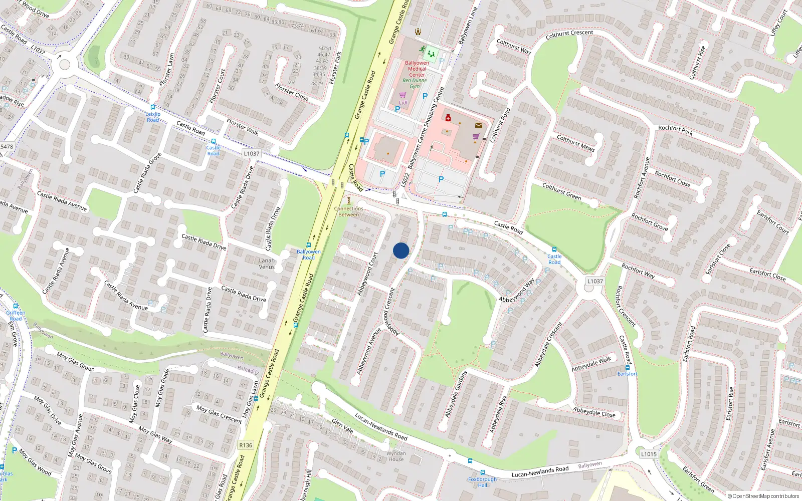 Overhead map showing the location of 13 Abbeywood Avenue, The Oaks, Lucan