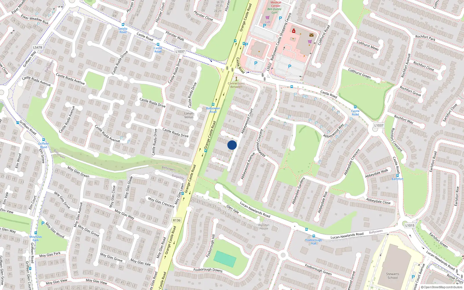 Overhead map showing the location of 13 Abbeywood Court, Lucan, Dublin