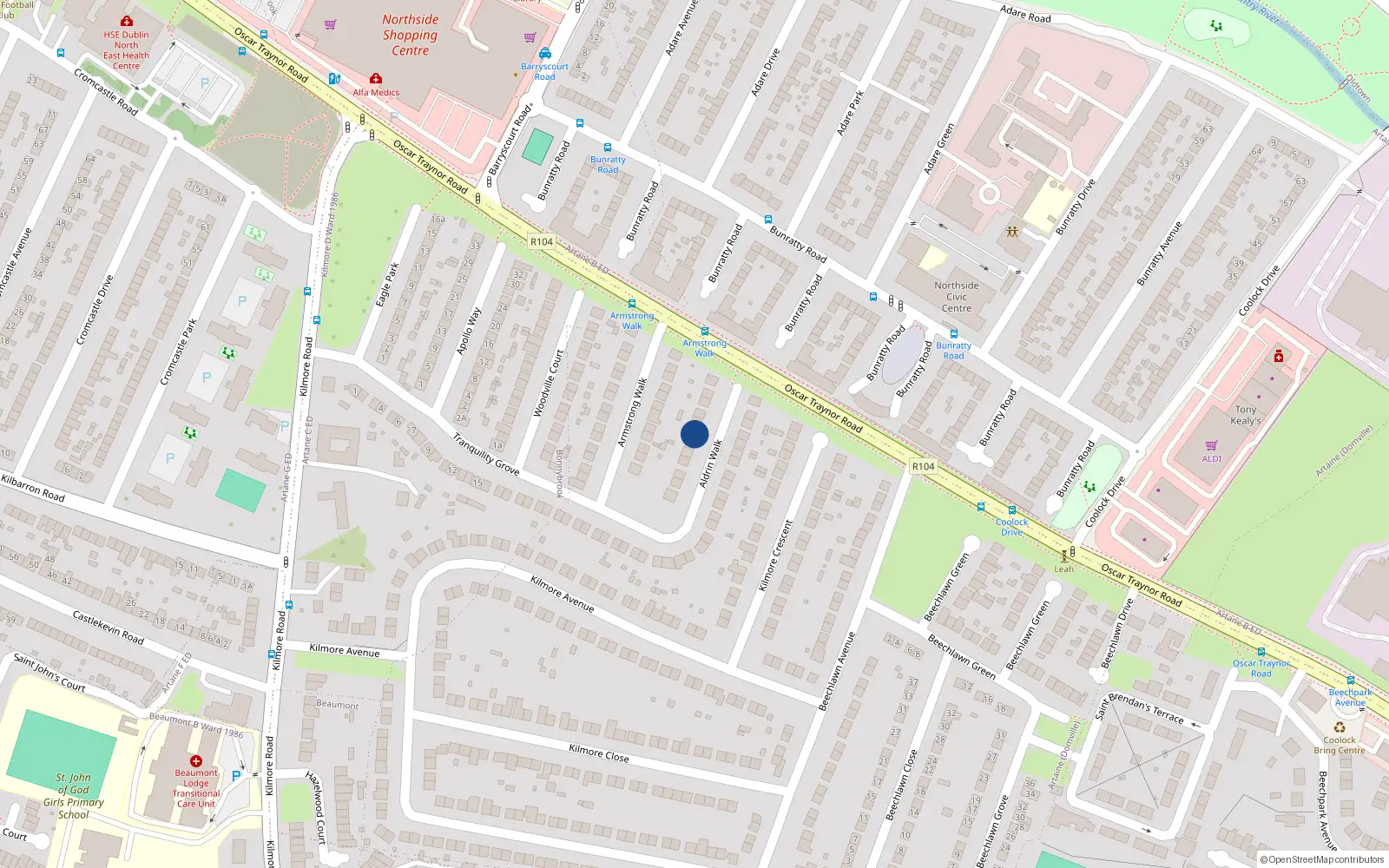 Overhead map showing the location of 13 Aldrin Walk, Coolock, Dublin 5