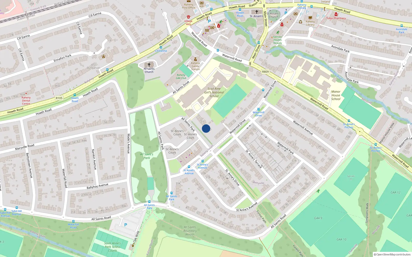 Overhead map showing the location of 13 All Saints Park, Dublin 5
