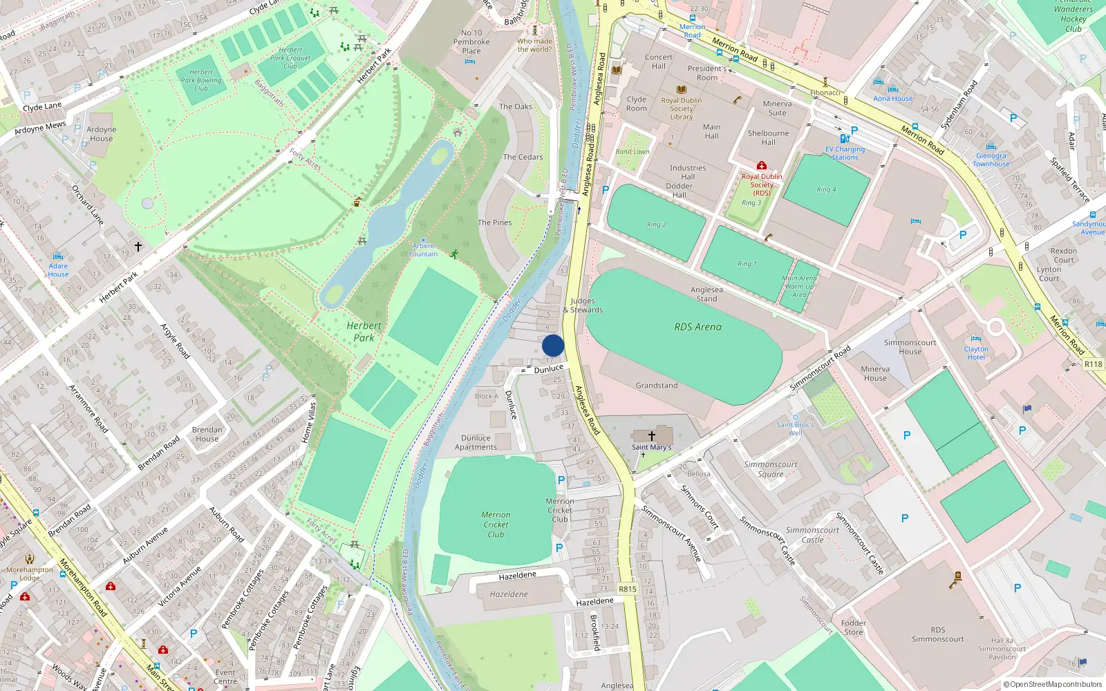 Overhead map showing the location of 13 Anglesea Road, Ballsbridge