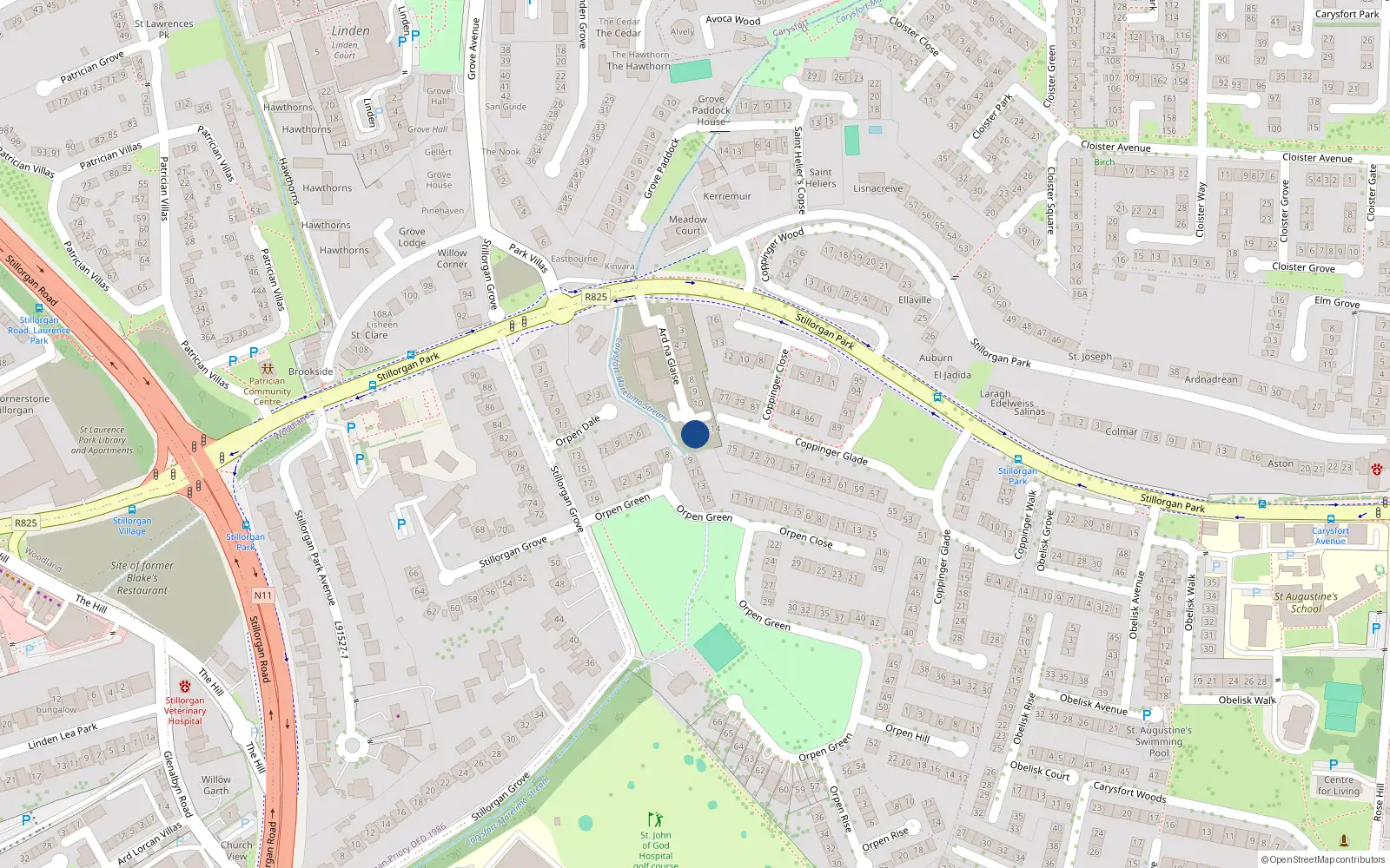 Overhead map showing the location of 13 Ard na Glaise, Stillorgan Park, Stillorgan