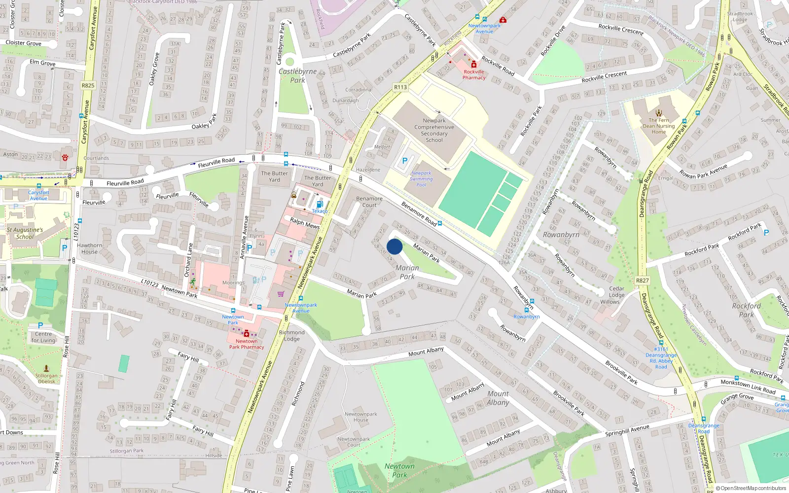 Overhead map showing the location of 13 Ardilea Park, Newtownpark Avenue, Blackrock