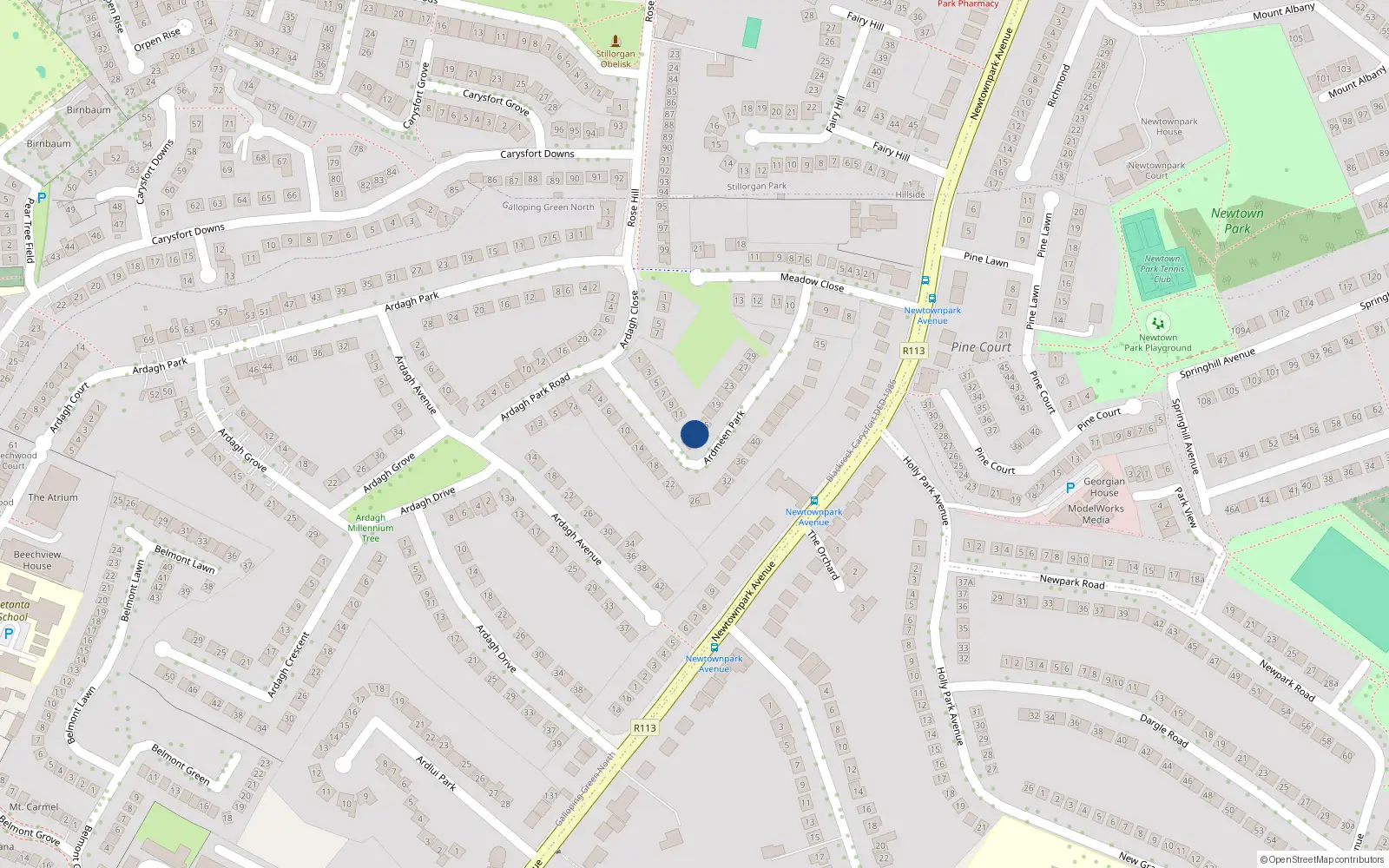 Overhead map showing the location of 13 Ardmeen Park, Blackrock
