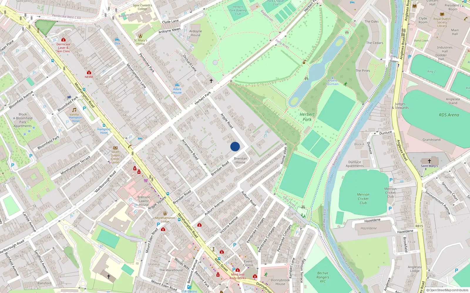Overhead map showing the location of 13 Argyle Road, Dublin
