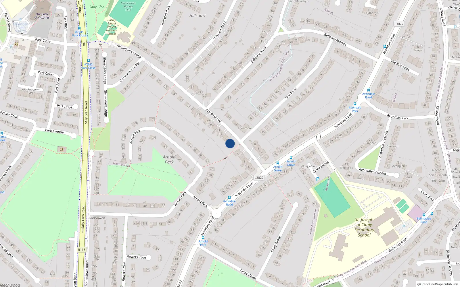Overhead map showing the location of 13 Arnold Grove, Dublin