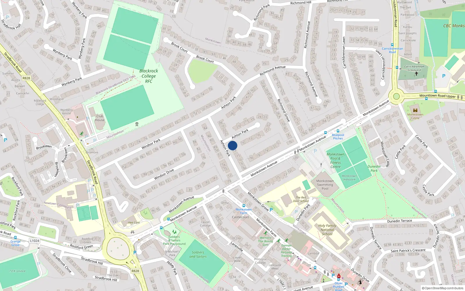 Overhead map showing the location of 13 Ashton Park, Monkstown