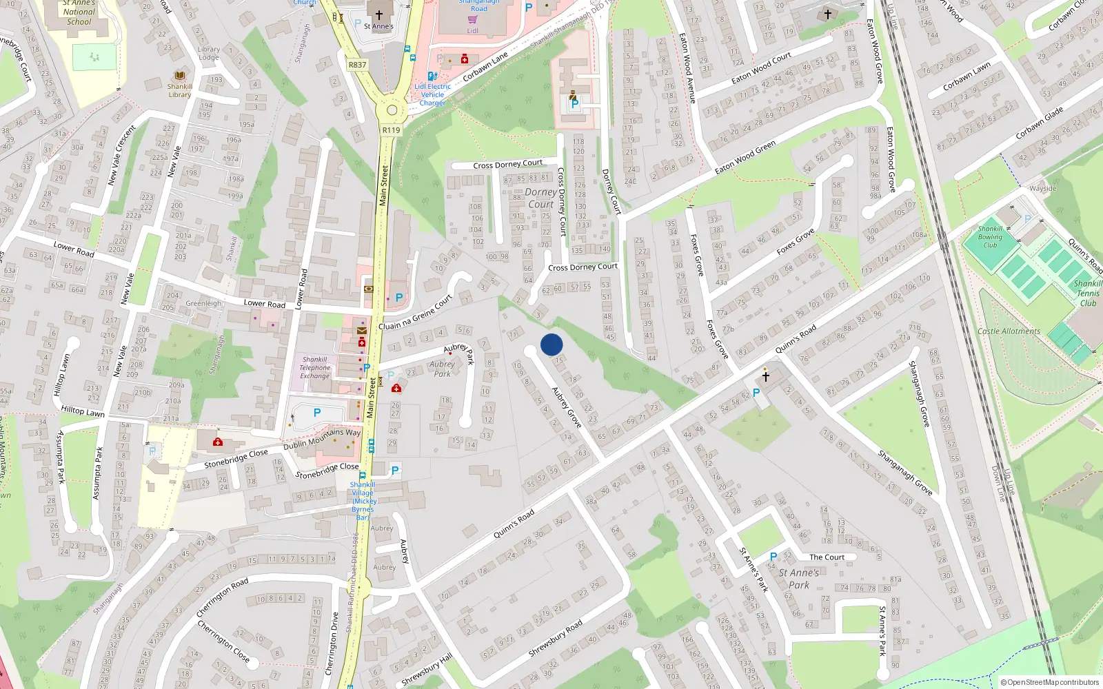 Overhead map showing the location of 13 Aubrey Grove, Dublin 18