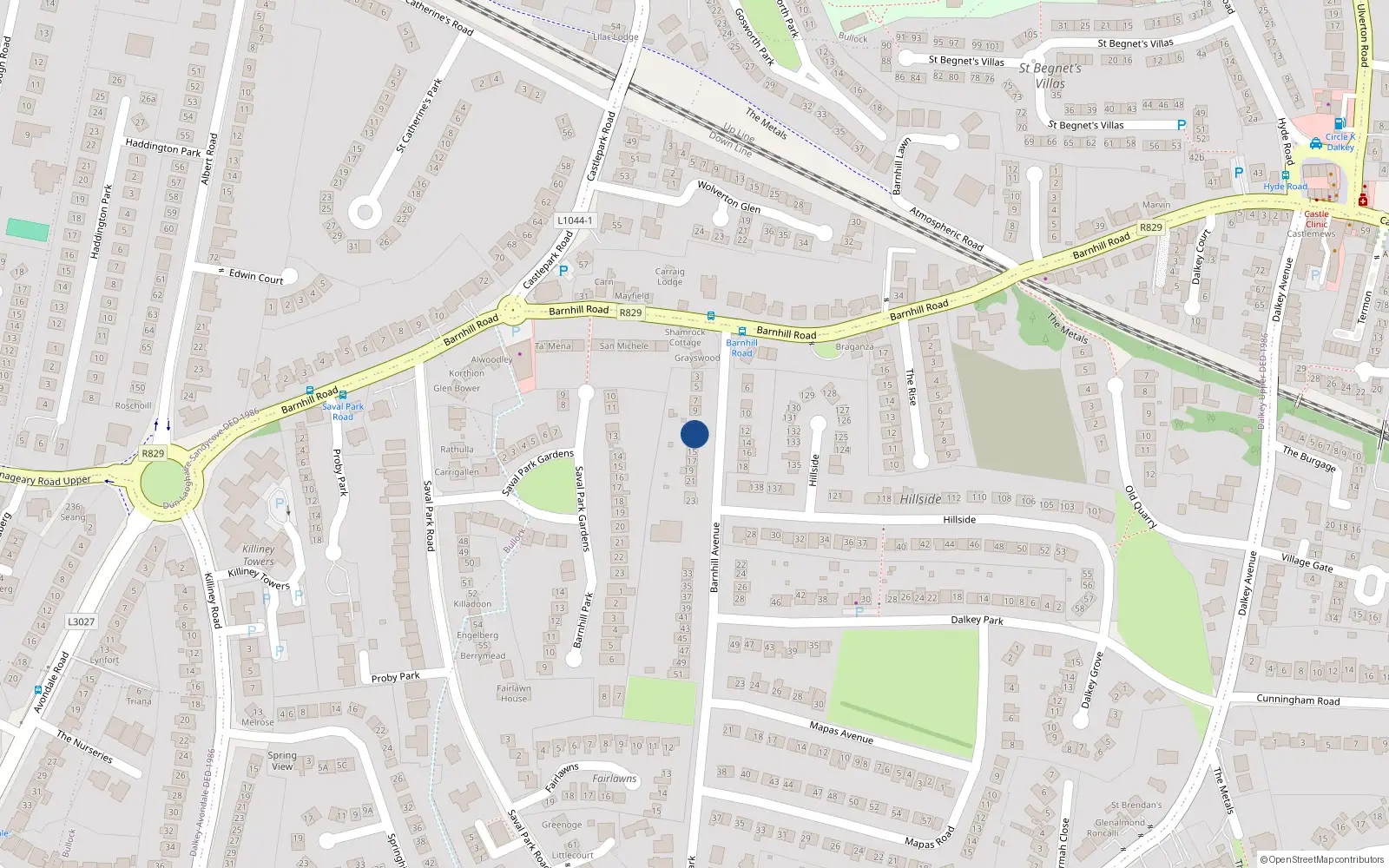 Overhead map showing the location of 13 Barnhill Avenue, Dalkey