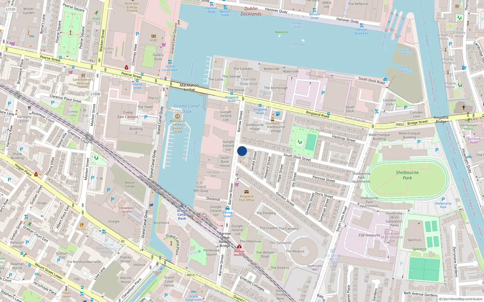 Overhead map showing the location of 13 Barrow Street, Dublin 4