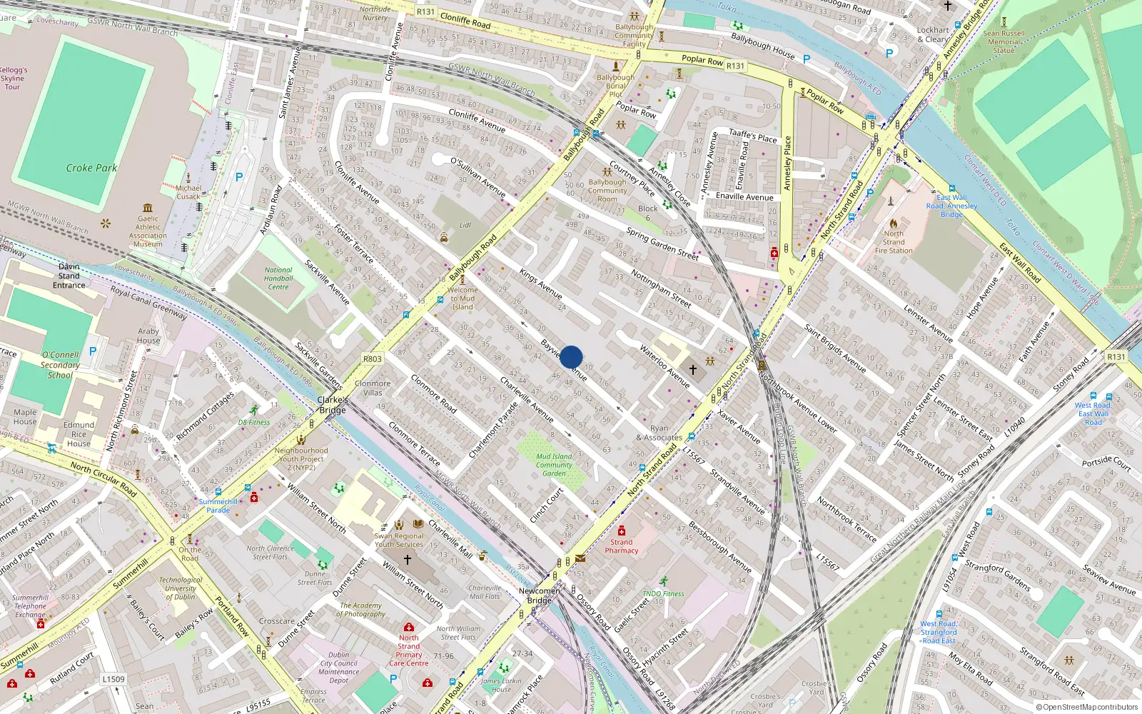 Overhead map showing the location of 13 Bayview Avenue, North Strand, Dublin 3