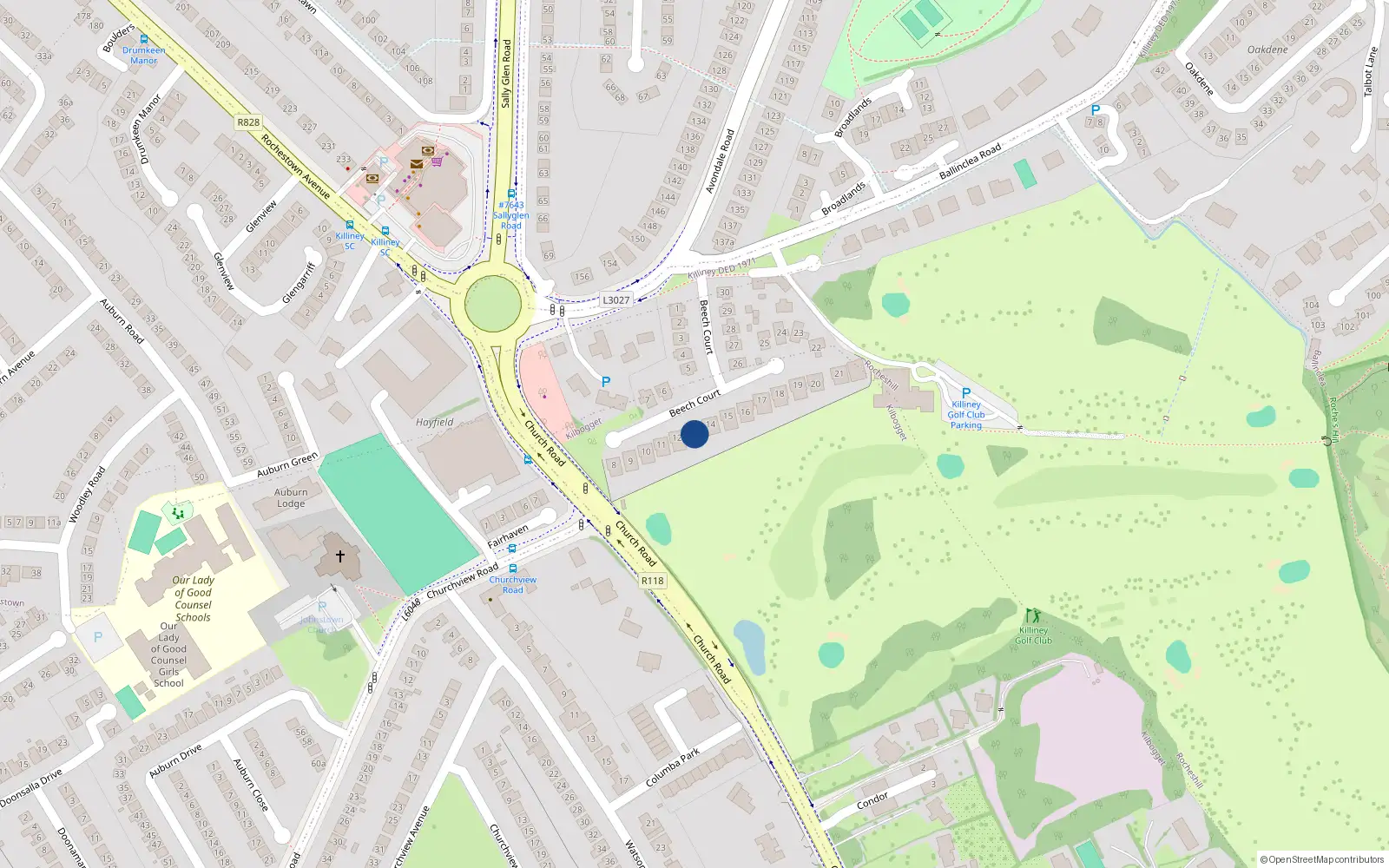 Overhead map showing the location of 13 Beech Court, Killiney