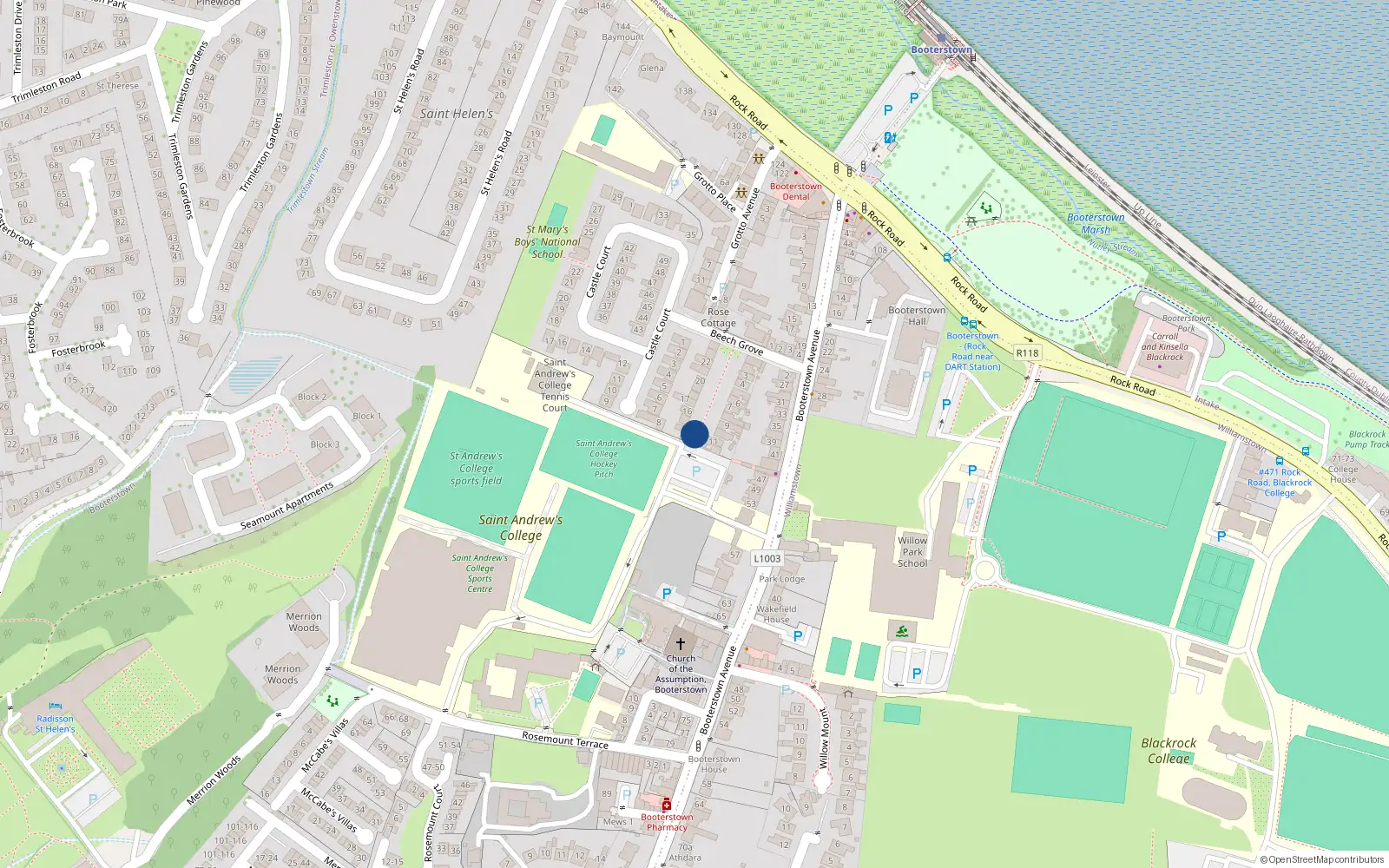 Overhead map showing the location of 13 Beech Grove, Booterstown