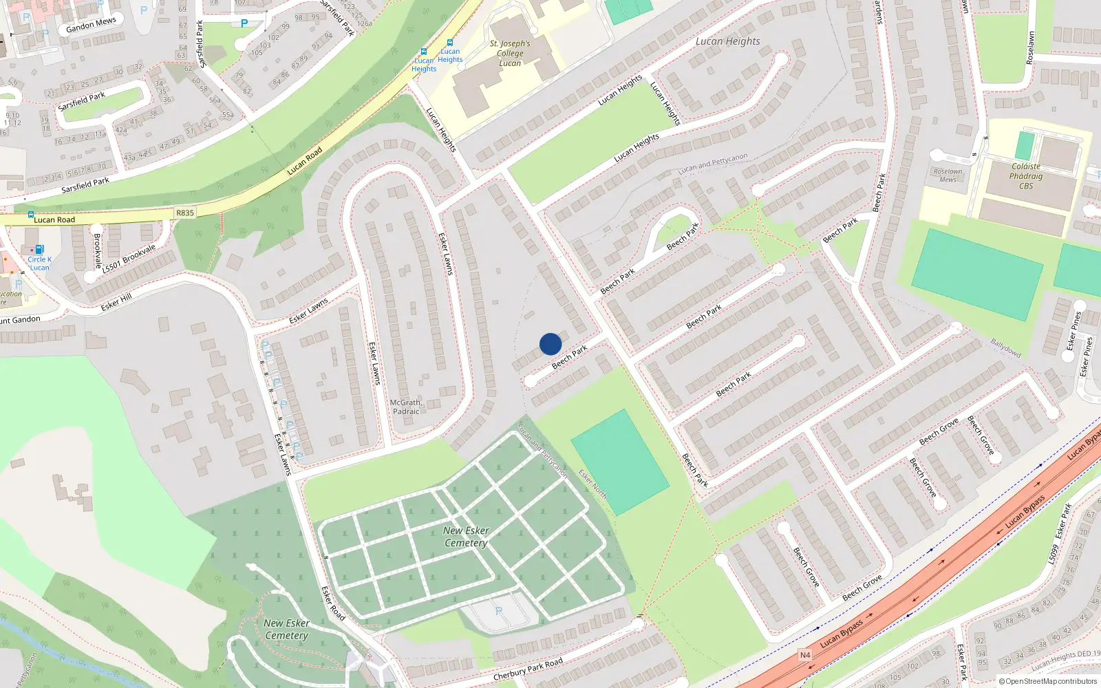 Overhead map showing the location of 13 Beech Park, Lucan