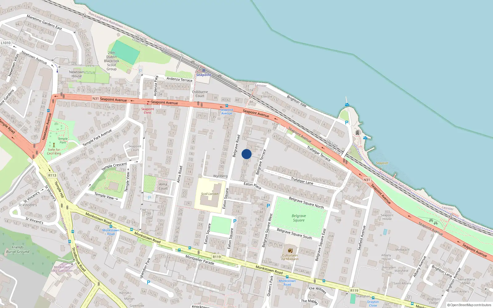 Overhead map showing the location of 13 Belgrave Road, Monkstown, Dublin