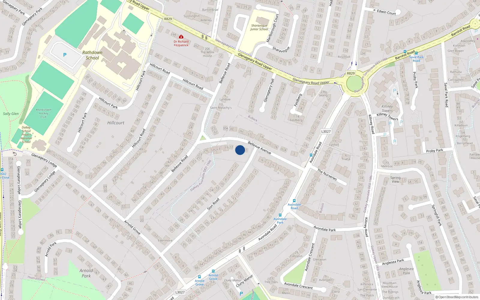 Overhead map showing the location of 13 Bellevue Avenue, Dublin