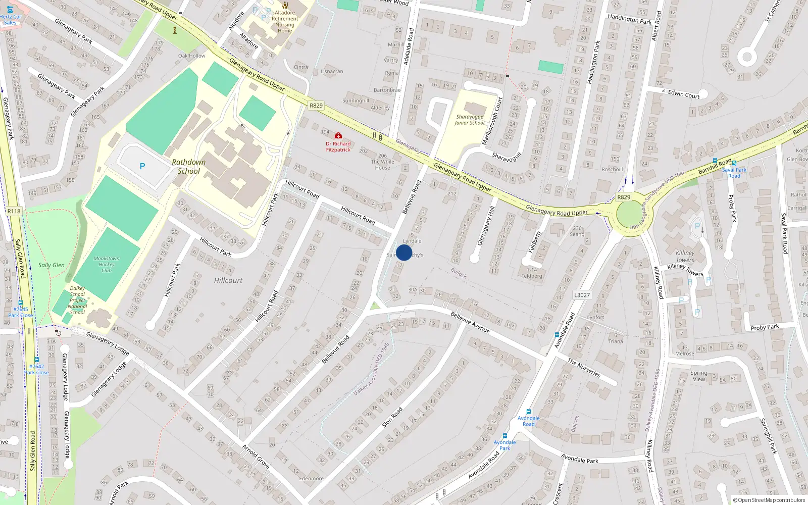 Overhead map showing the location of 13 Bellevue Road, Glenageary, Dublin