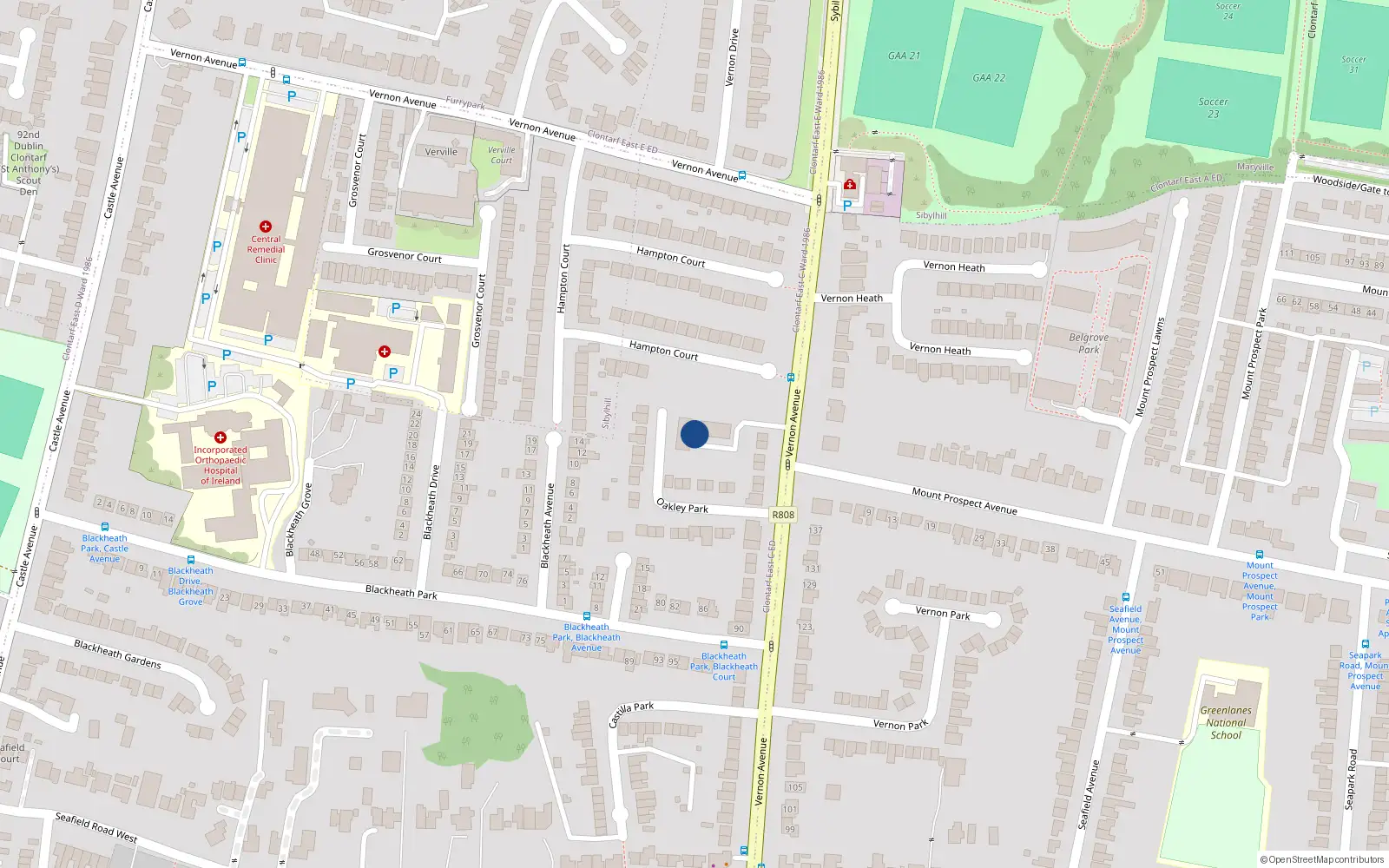 Overhead map showing the location of 13 Beverley Court, Vernon Avenue, Dublin 3