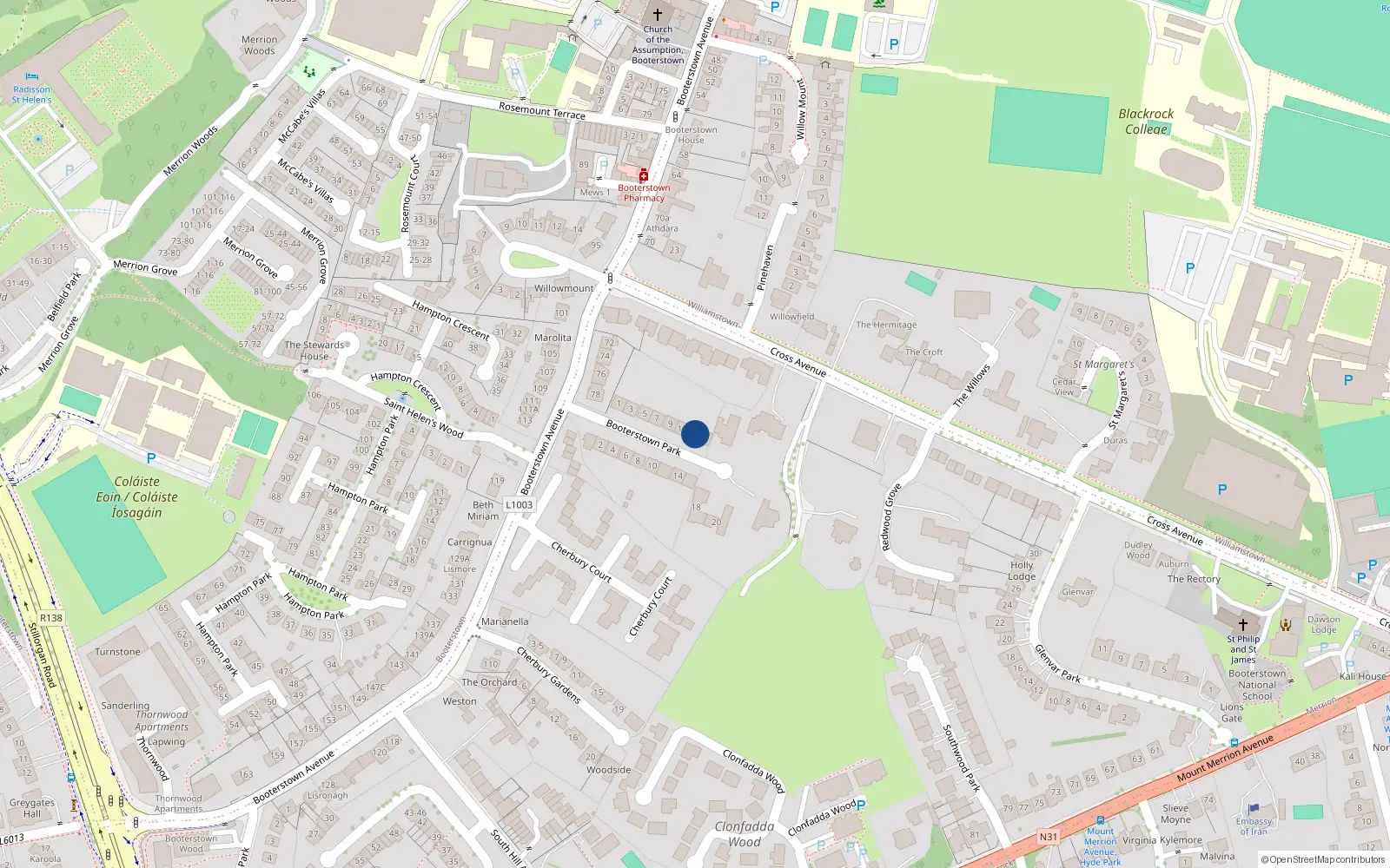 Overhead map showing the location of 13 Booterstown Park, Blackrock, Dublin