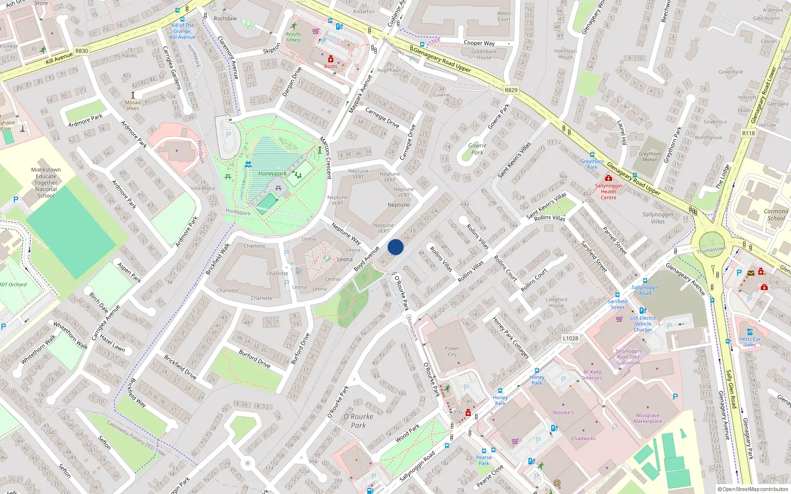 Overhead map showing the location of 13 Boyd Avenue, Dún Laoghaire