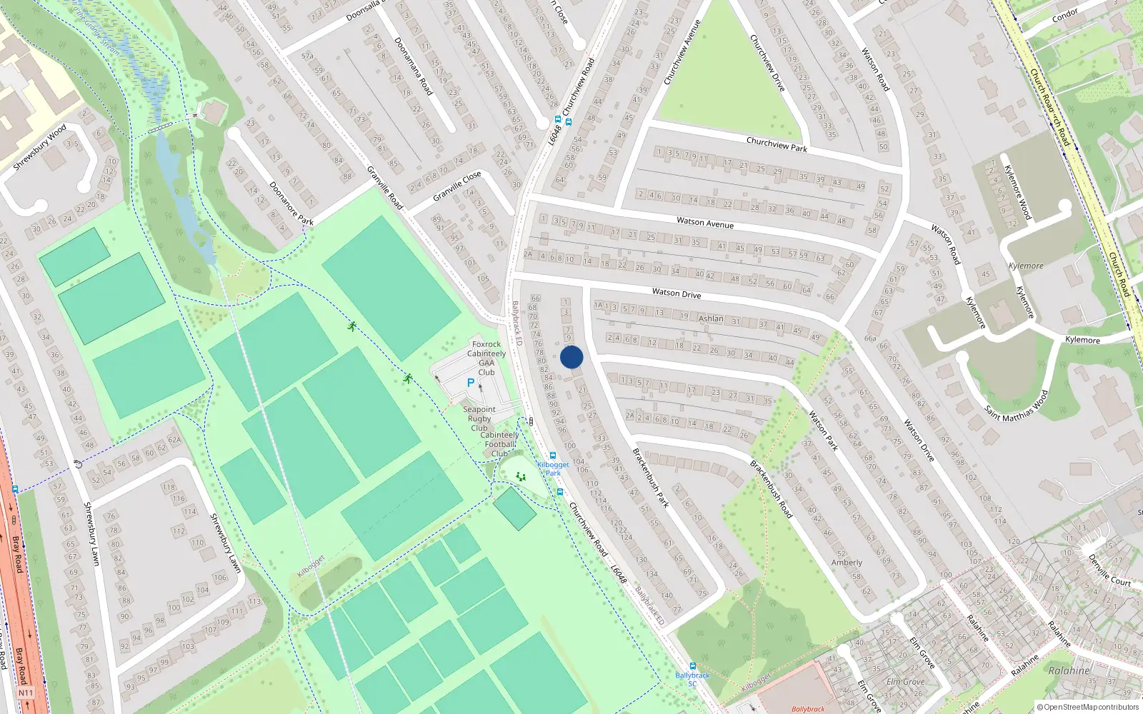 Overhead map showing the location of 13 Brackenbush Park, Killiney, Dublin