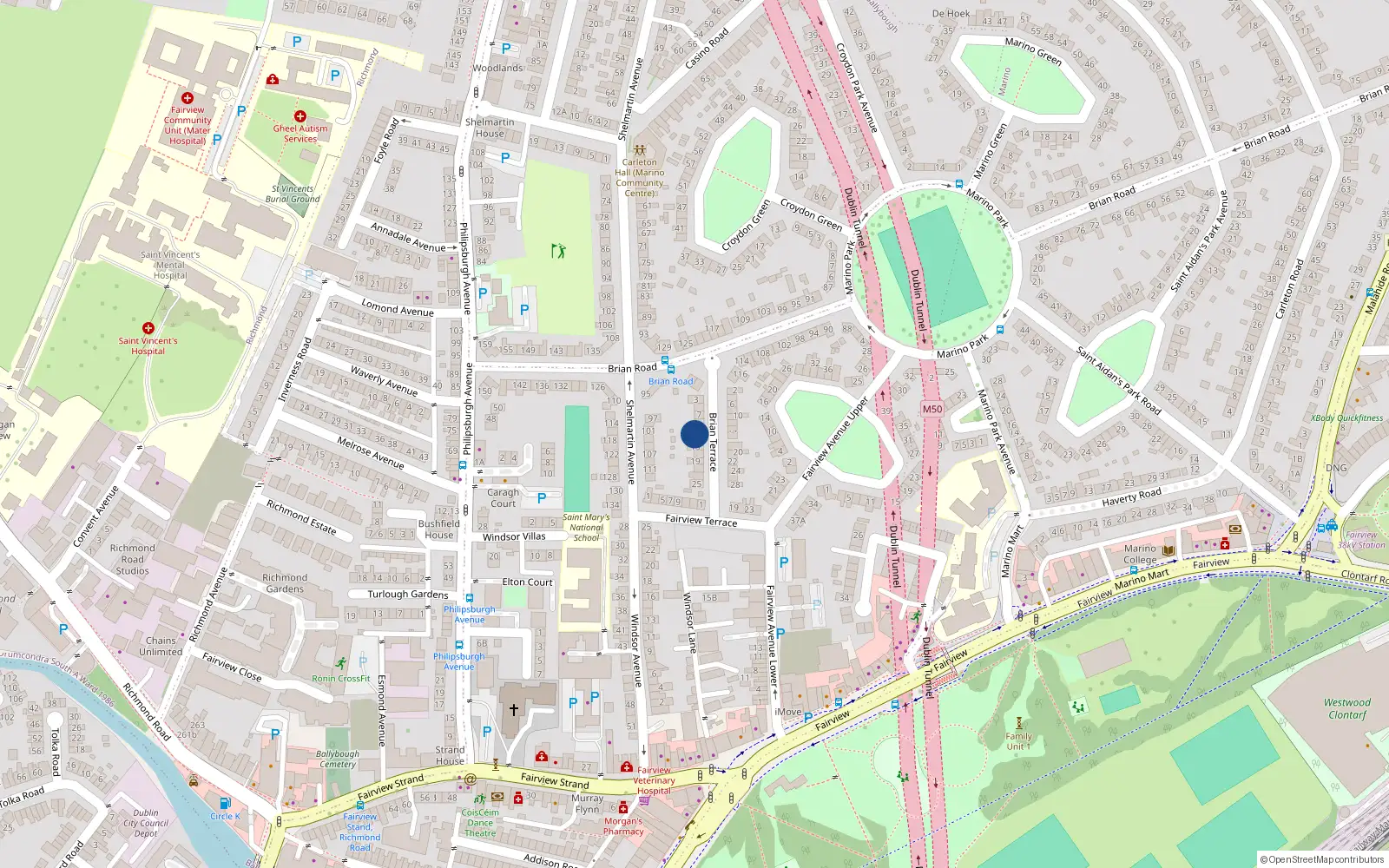 Overhead map showing the location of 13 Brian Terrace, Dublin 3