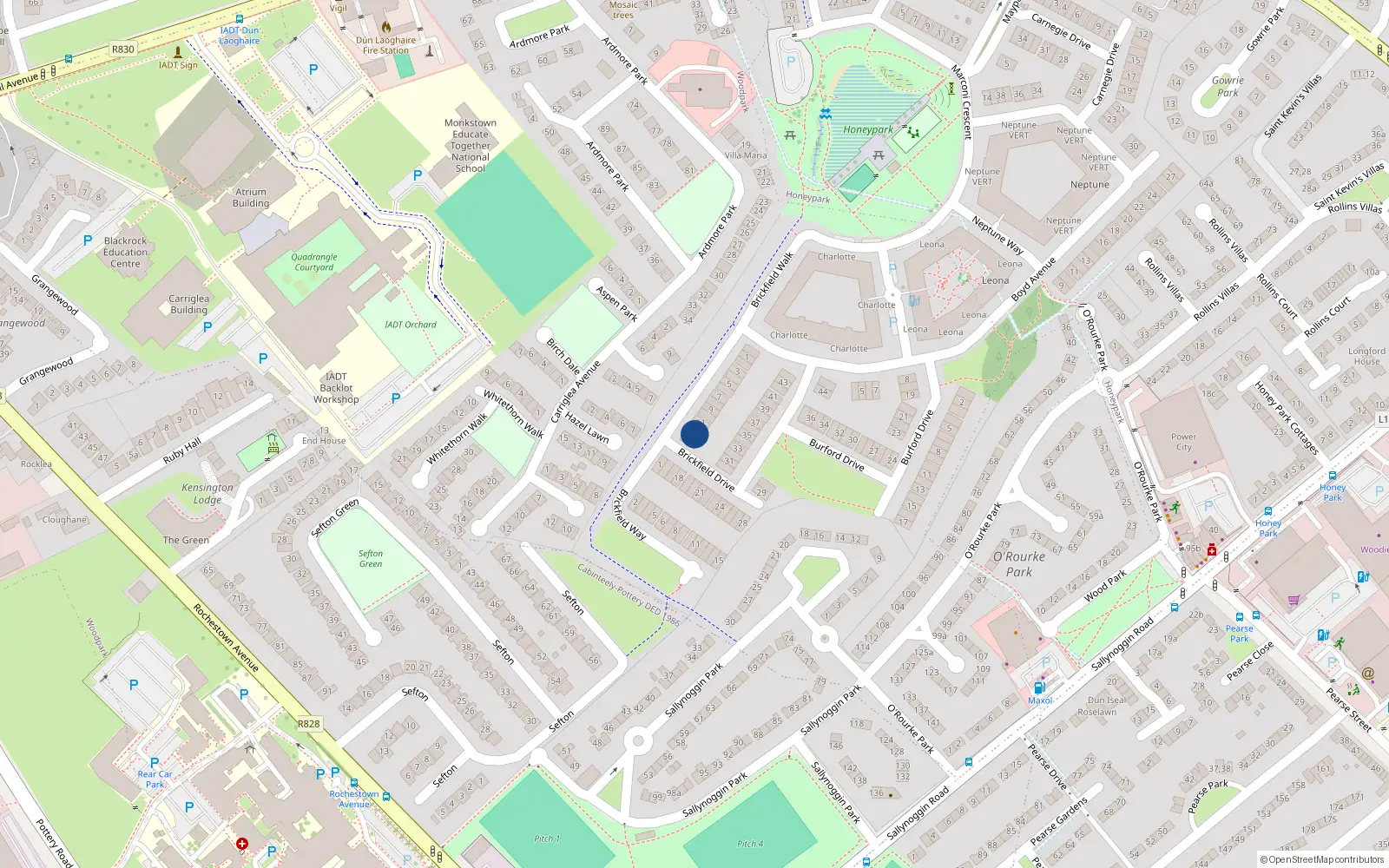 Overhead map showing the location of 13 Brickfield Drive, Dun Laoghaire