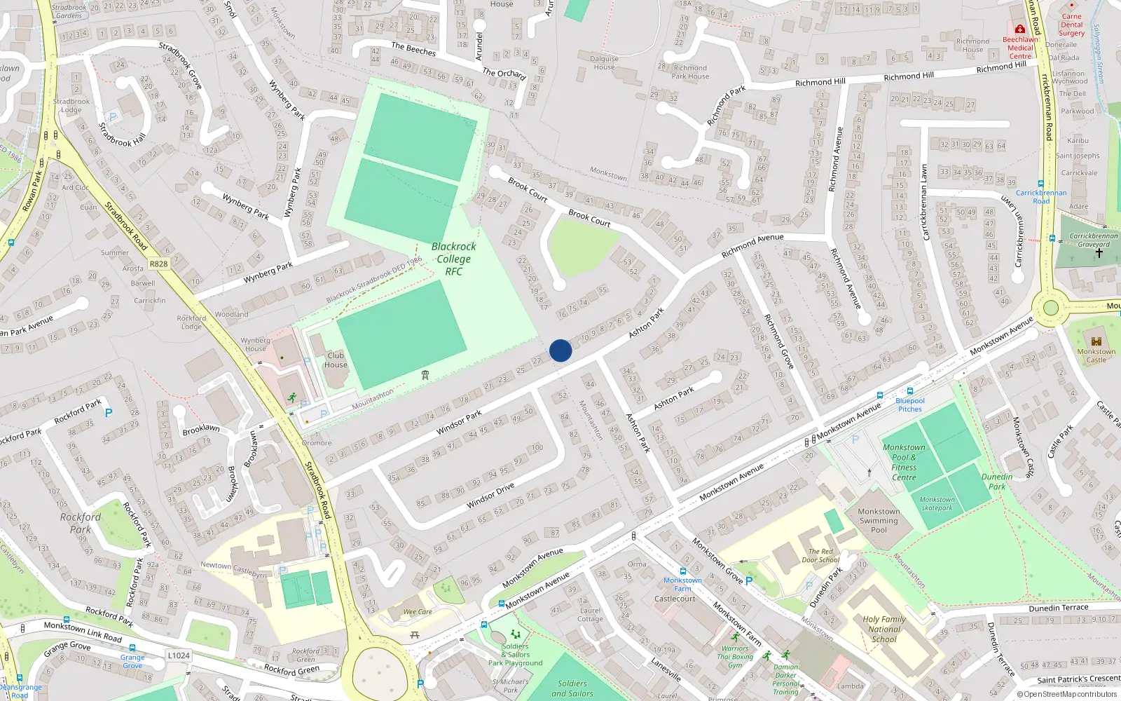 Overhead map showing the location of 13 Brook Court, Monkstown