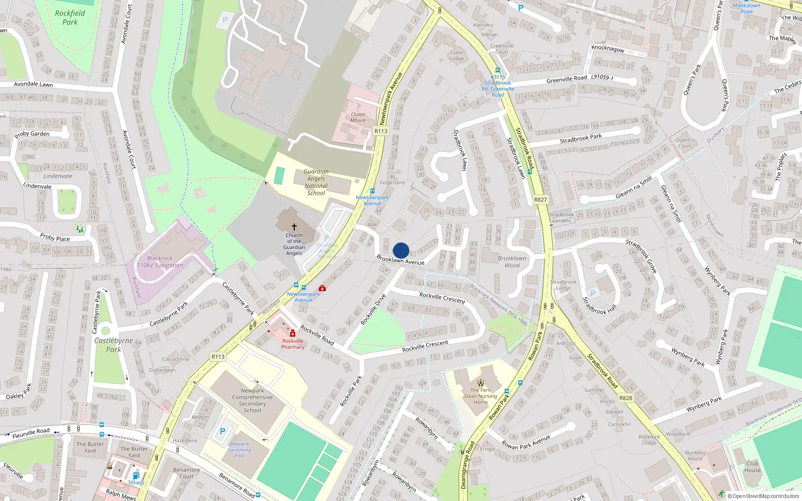 Overhead map showing the location of 13 Brooklawn Avenue, Blackrock
