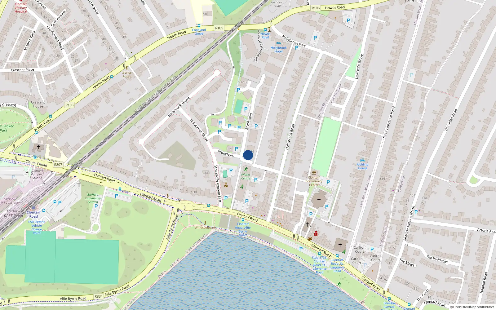 Overhead map showing the location of 13 Brooklawn, Clontarf, Dublin 3