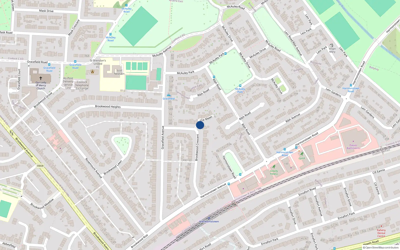 Overhead map showing the location of 13 Brookwood Crescent, Artane, Dublin 5