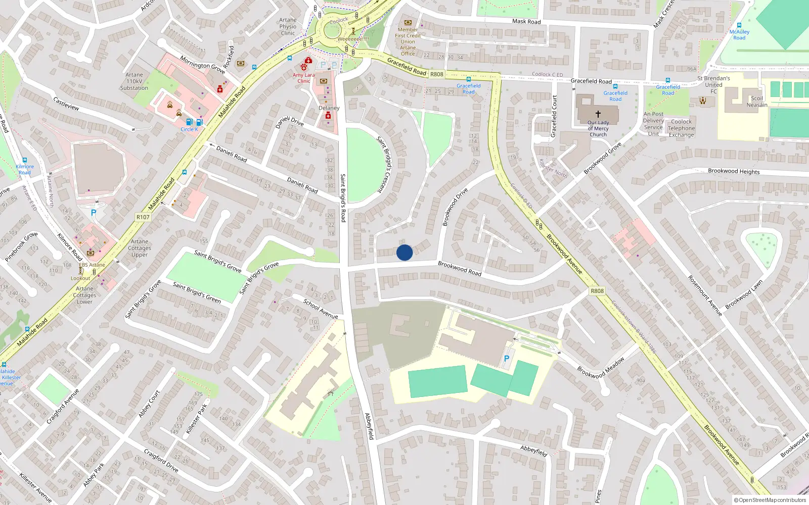 Overhead map showing the location of 13 Brookwood Road, Dublin 5