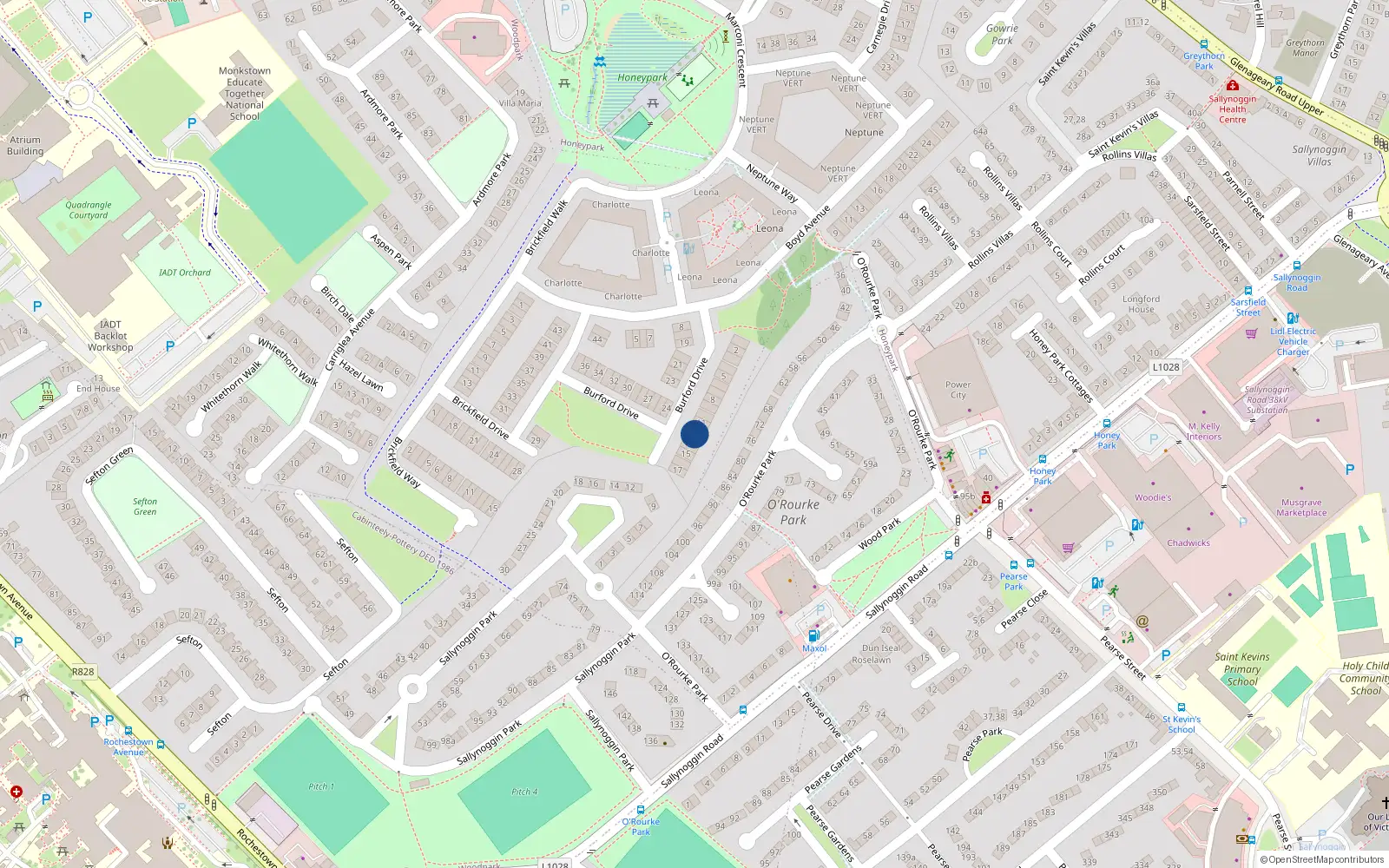 Overhead map showing the location of 13 Burford Drive, Dun Laoghaire