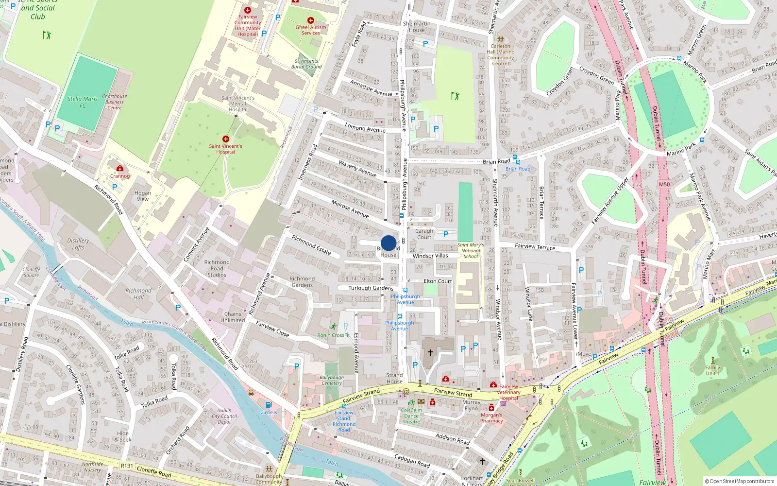 Overhead map showing the location of 13 Bushfield Square, Dublin 3