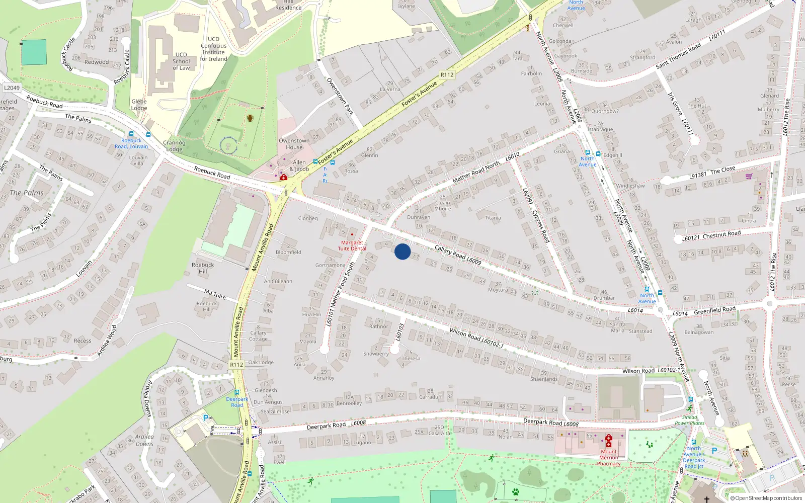 Overhead map showing the location of 13 Callary Road, Mount Merrion, Dublin