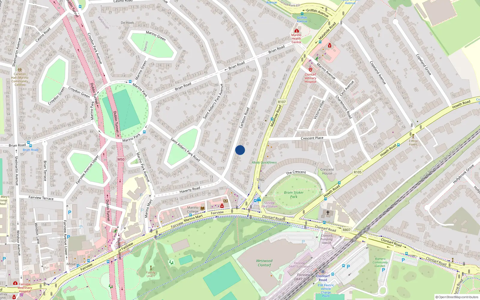 Overhead map showing the location of 13 Carleton Road, Dublin 3