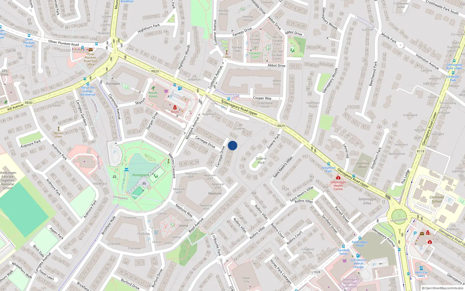 Overhead map showing the location of 13 Carnegie Drive, Dun Laoghaire