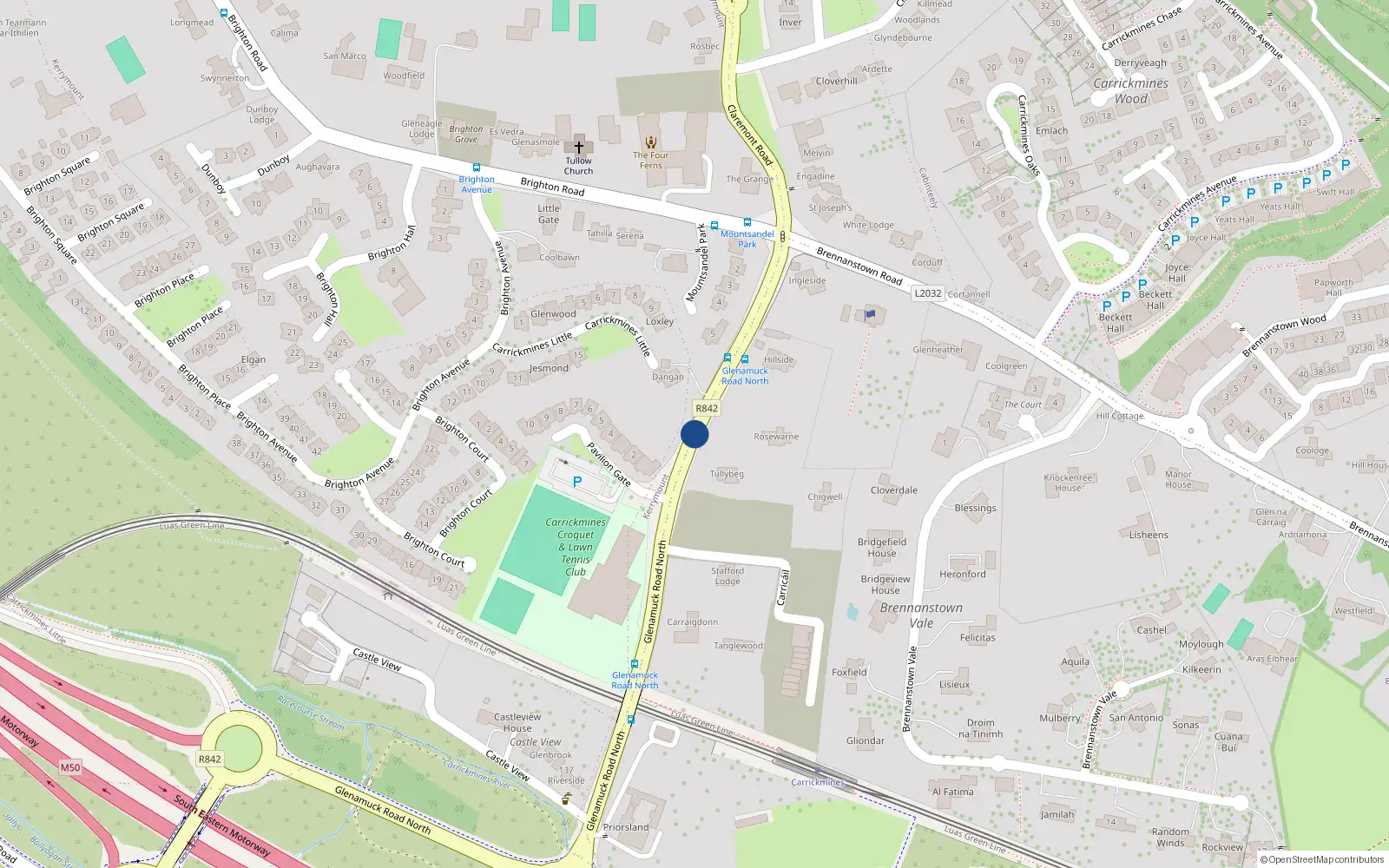 Overhead map showing the location of 13 Carricáil, Glenamuck Road North, Carrickmines