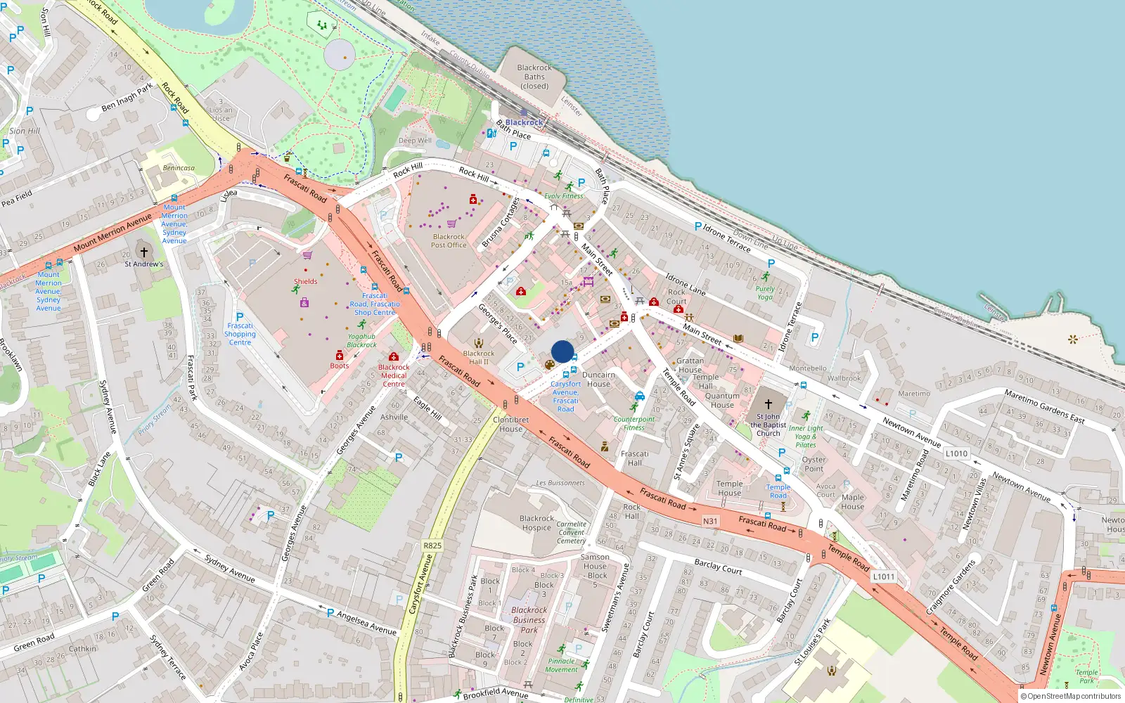 Overhead map showing the location of 13 Carysfort Avenue, Blackrock, Dublin