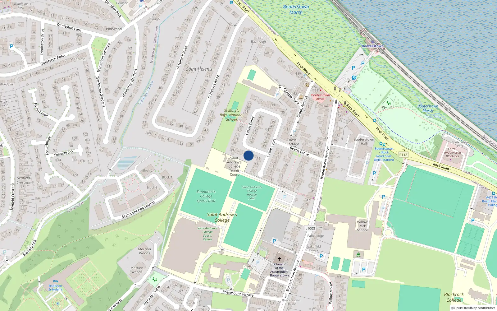 Overhead map showing the location of 13 Castle Court, Booterstown Avenue, Blackrock