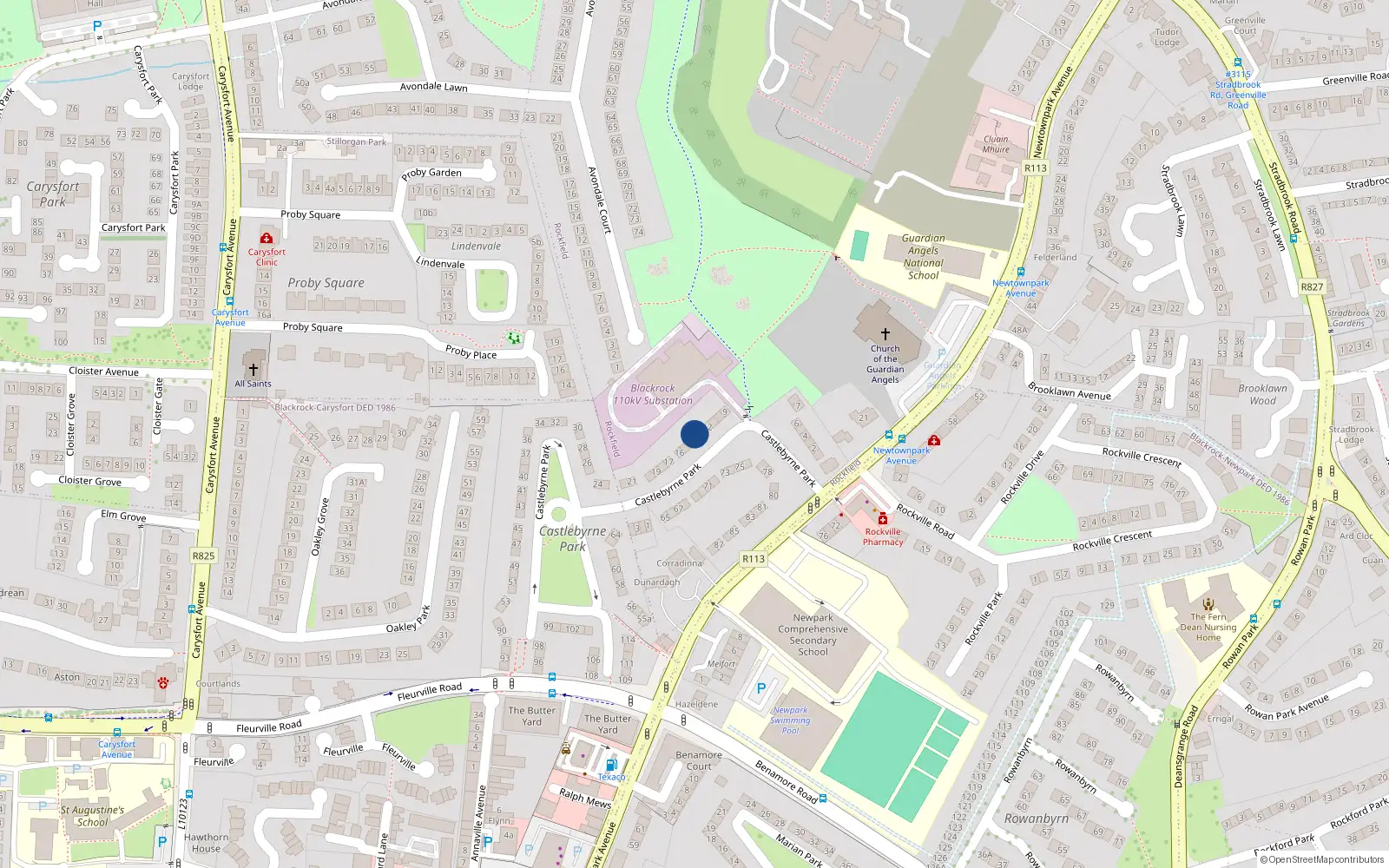 Overhead map showing the location of 13 Castlebyrne Park, Blackrock, Dublin