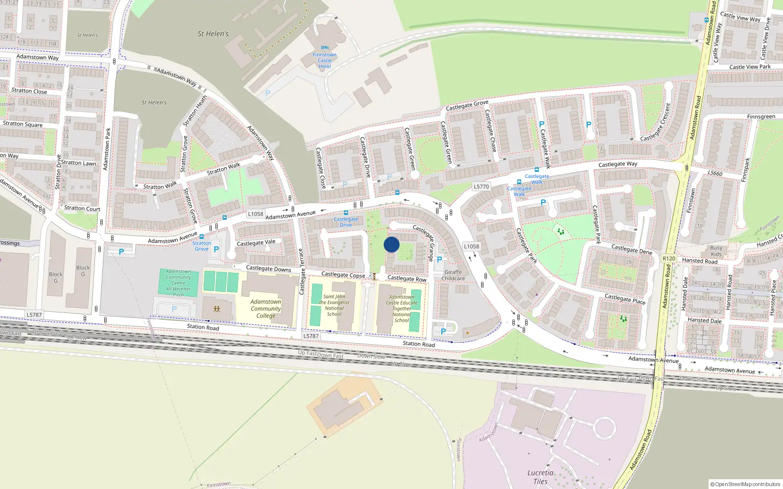 Overhead map showing the location of 13 Castlegate Row, Adamstown, Dublin