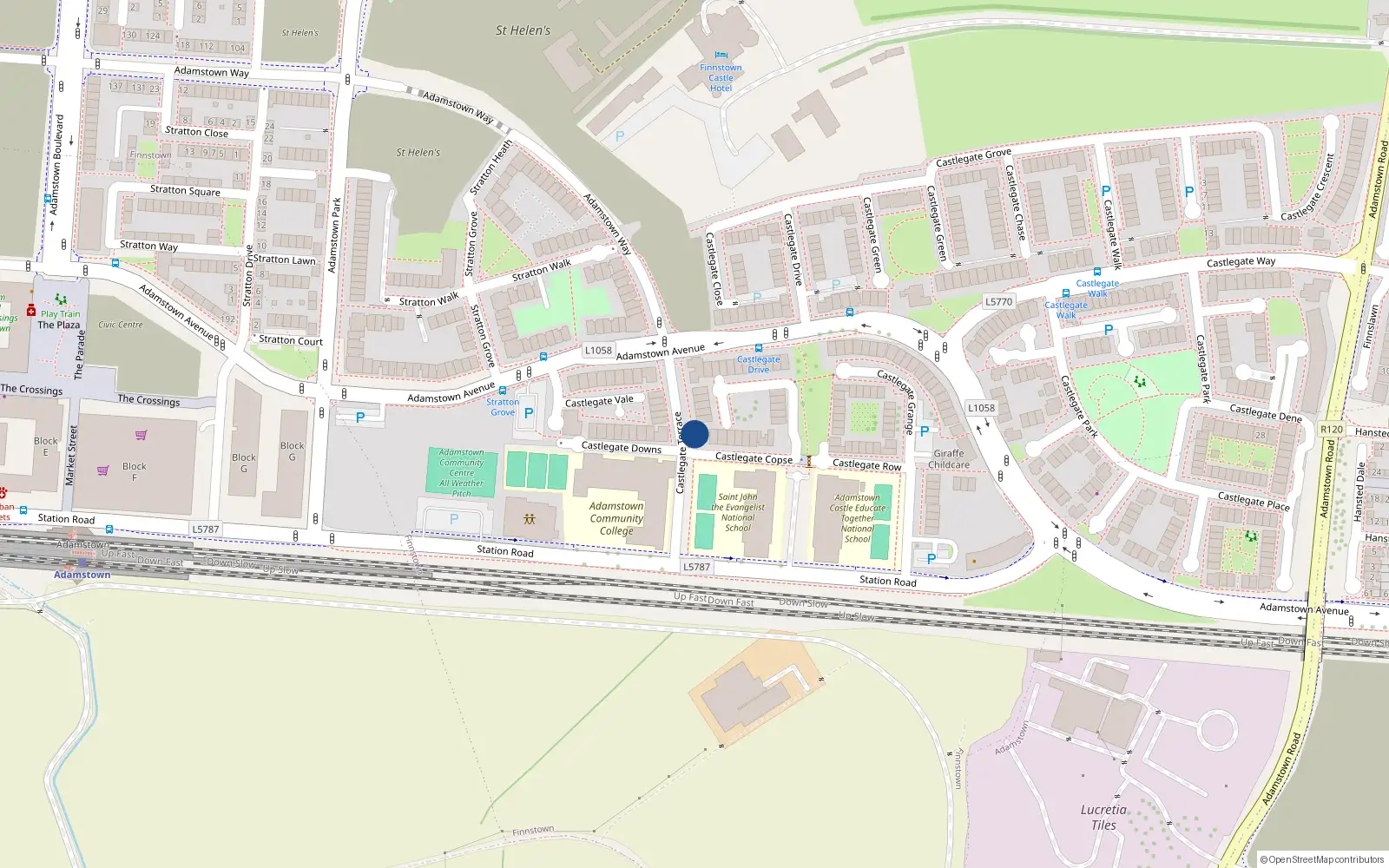 Overhead map showing the location of 13 Castlegate Terrace, Adamstown, Lucan