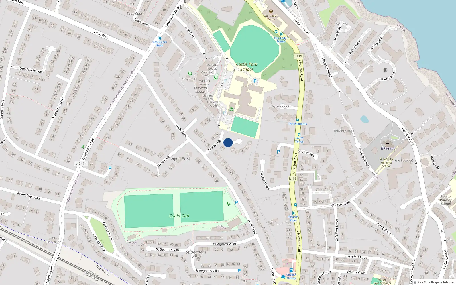 Overhead map showing the location of 13 Castlelands, Dalkey
