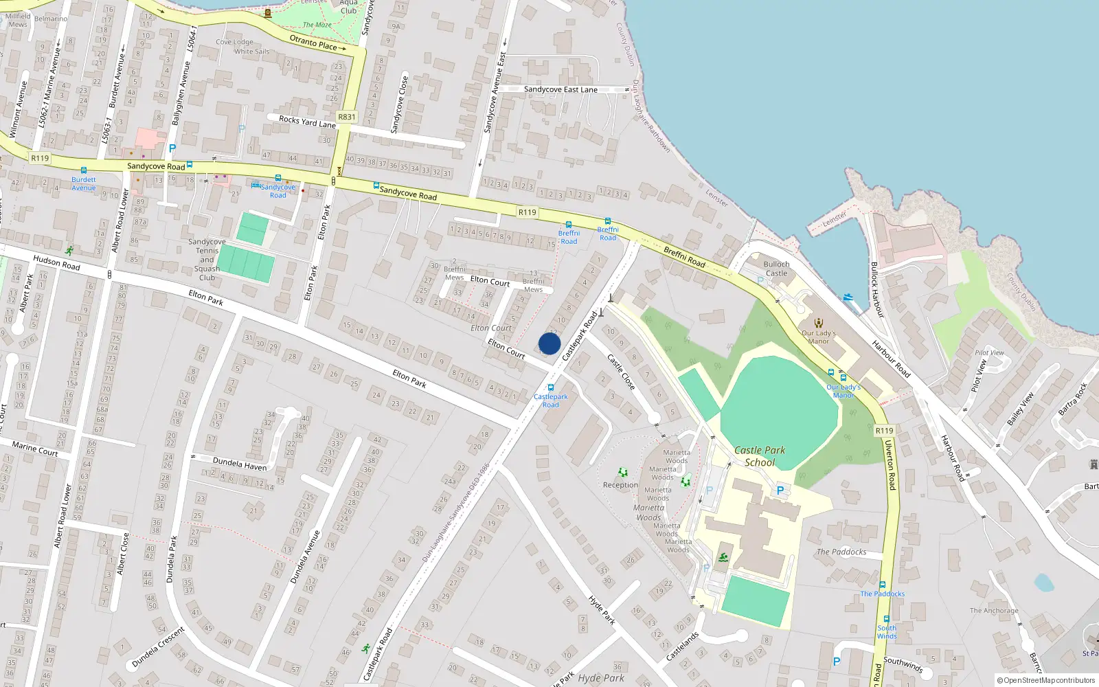 Overhead map showing the location of 13 Castlepark Road, Sandycove, Co Dublin