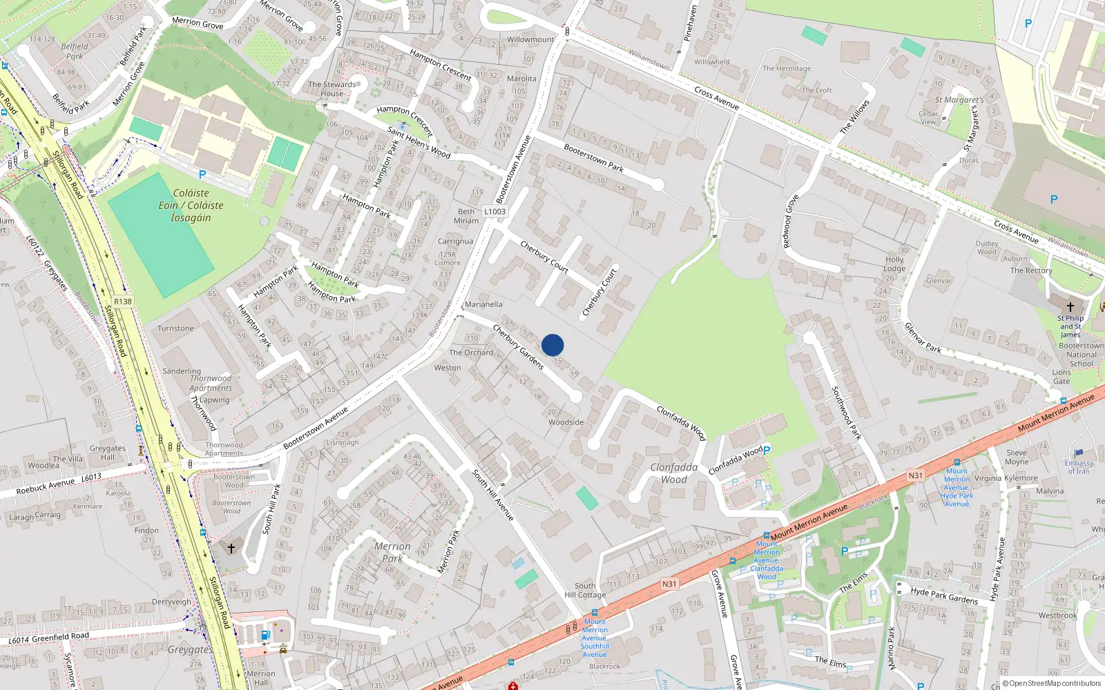 Overhead map showing the location of 13 Cherbury Gardens, Blackrock